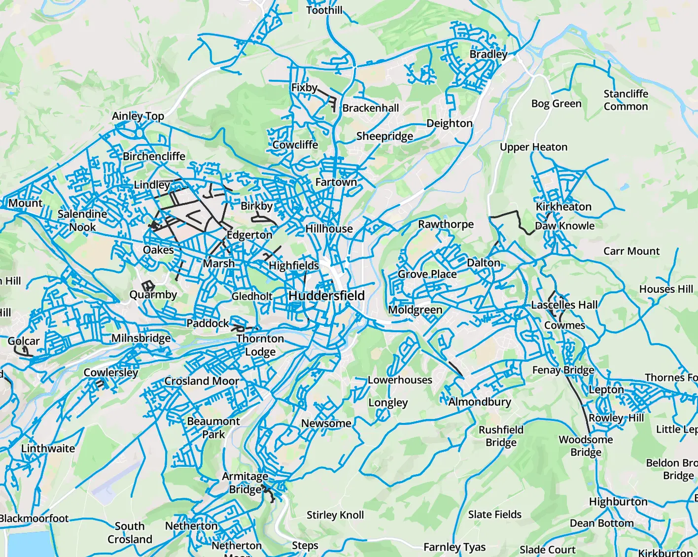Map of Huddersfield with roads coloured in mostly blue to show all of the prayer walks that happened