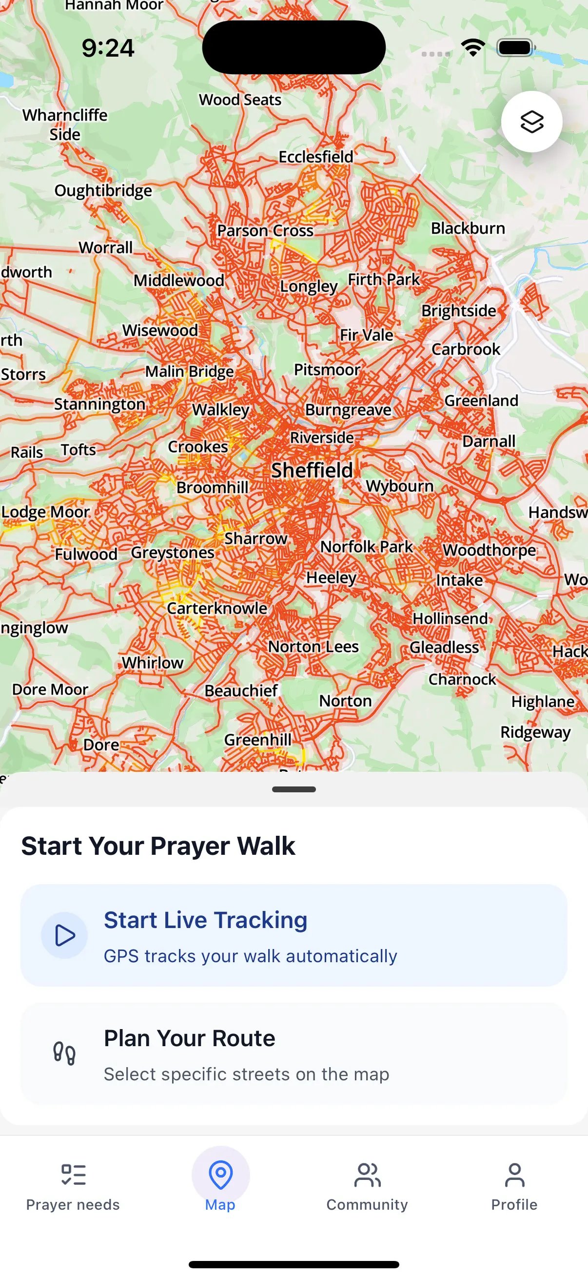 A screenshot of the map home in the app. It is a map of Sheffield with roads coloured in mostly orange to show all of the prayer walks